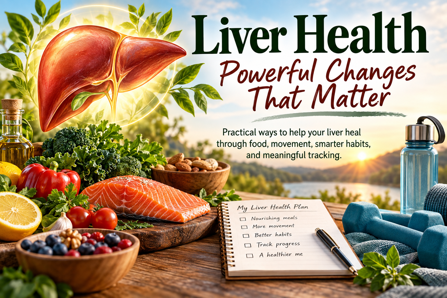Liver health plan with nutritious foods, exercise, hydration, and healthy lifestyle habits