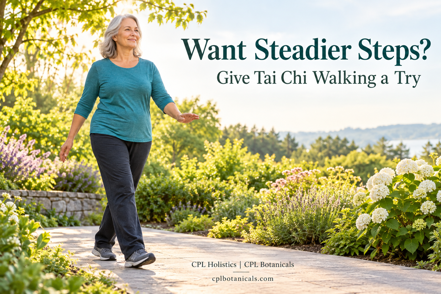 Tai Chi Waling blog graphic titled "Want Steadier Steps? Give Tai Chi Walking a Try" from CPL Holistics | CPL Botanicals.