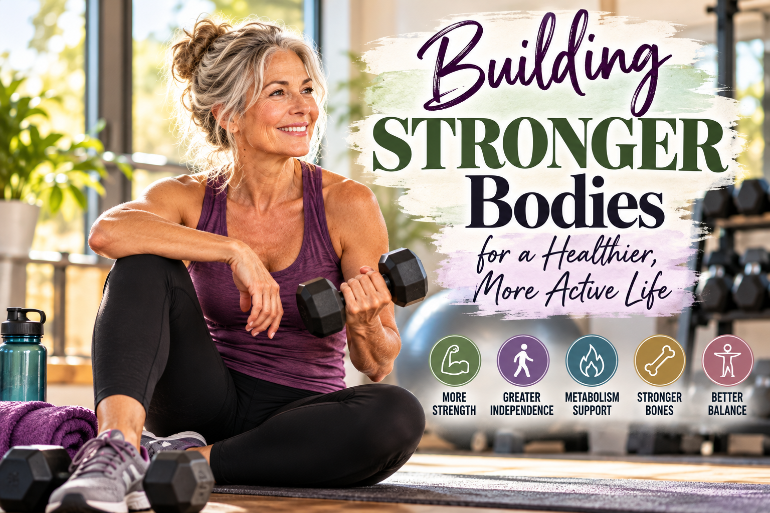 Woman holding a dumbbell, highlighting the importance of muscles, strength and healthy aging.