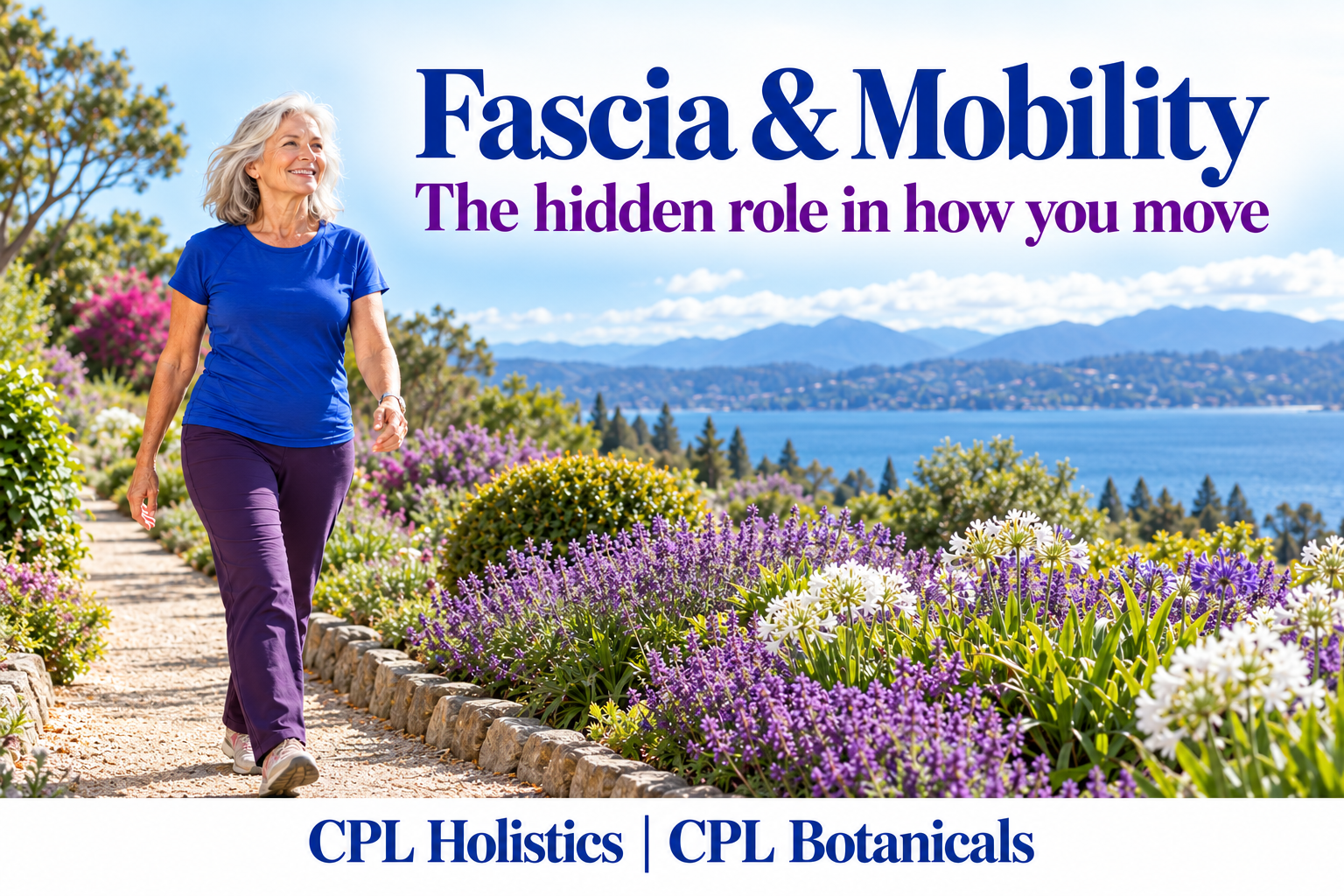 Older woman walking along a flower-lined path beside a lake, with text "Fascia & Mobility: The hidden role in how you move."