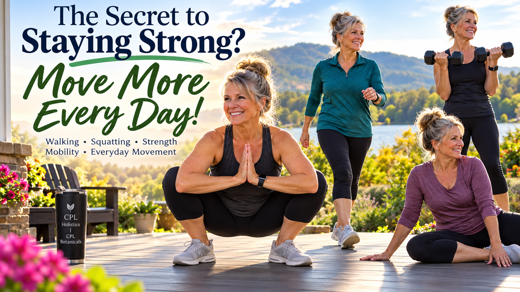 Movement as medicine featuring a woman walking, squatting, strength training, and stretching to support healthy aging, mobility, and independence.